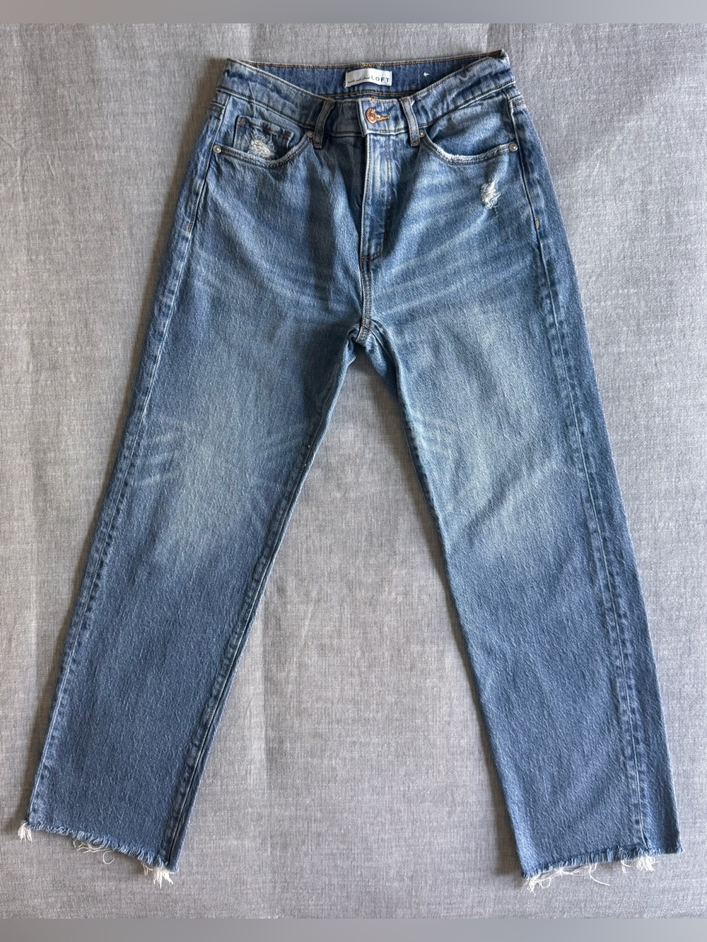 LOFT High-Waist Straight Leg Jeans Medium Wash Distressed Frayed Hem, Size 25/0
